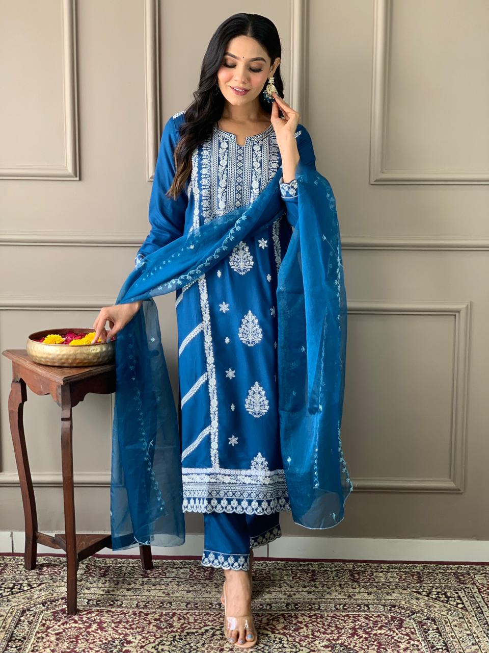 Rayon Embroidery Kurta Set with Organza Dupatta