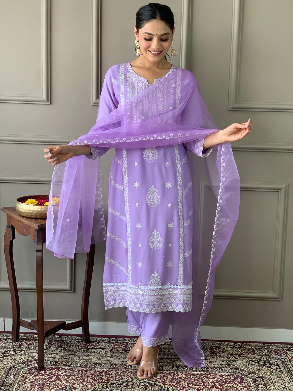 Rayon Embroidery Kurta Set with Organza Dupatta