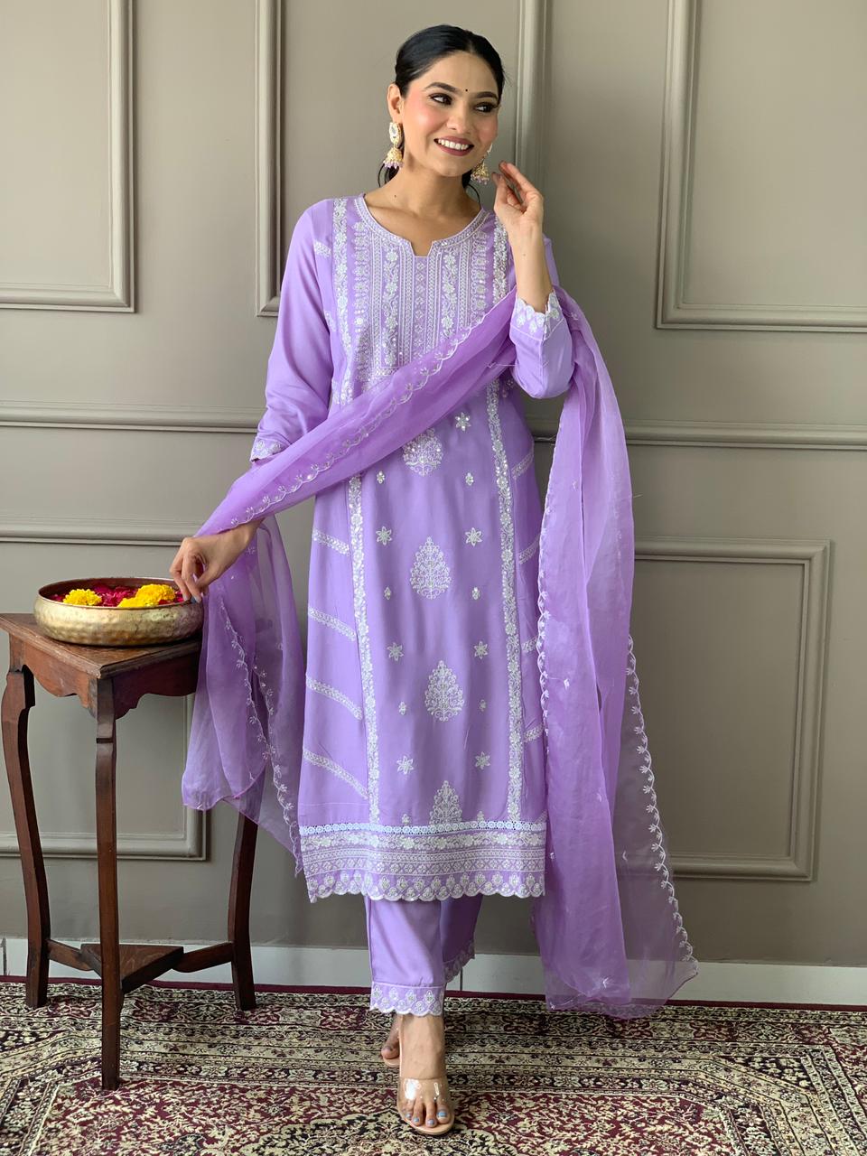 Rayon Embroidery Kurta Set with Organza Dupatta