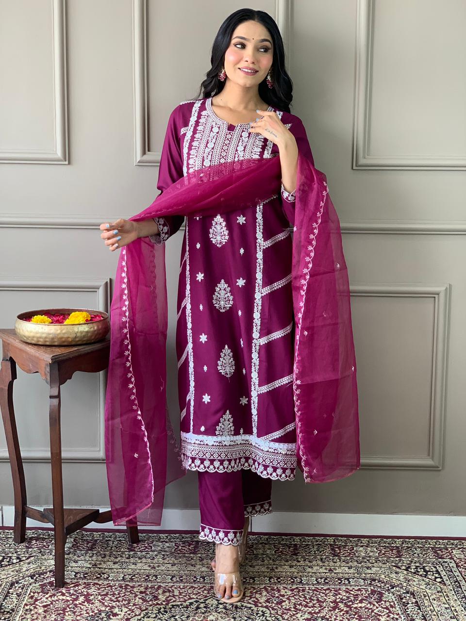 Rayon Embroidery Kurta Set with Organza Dupatta