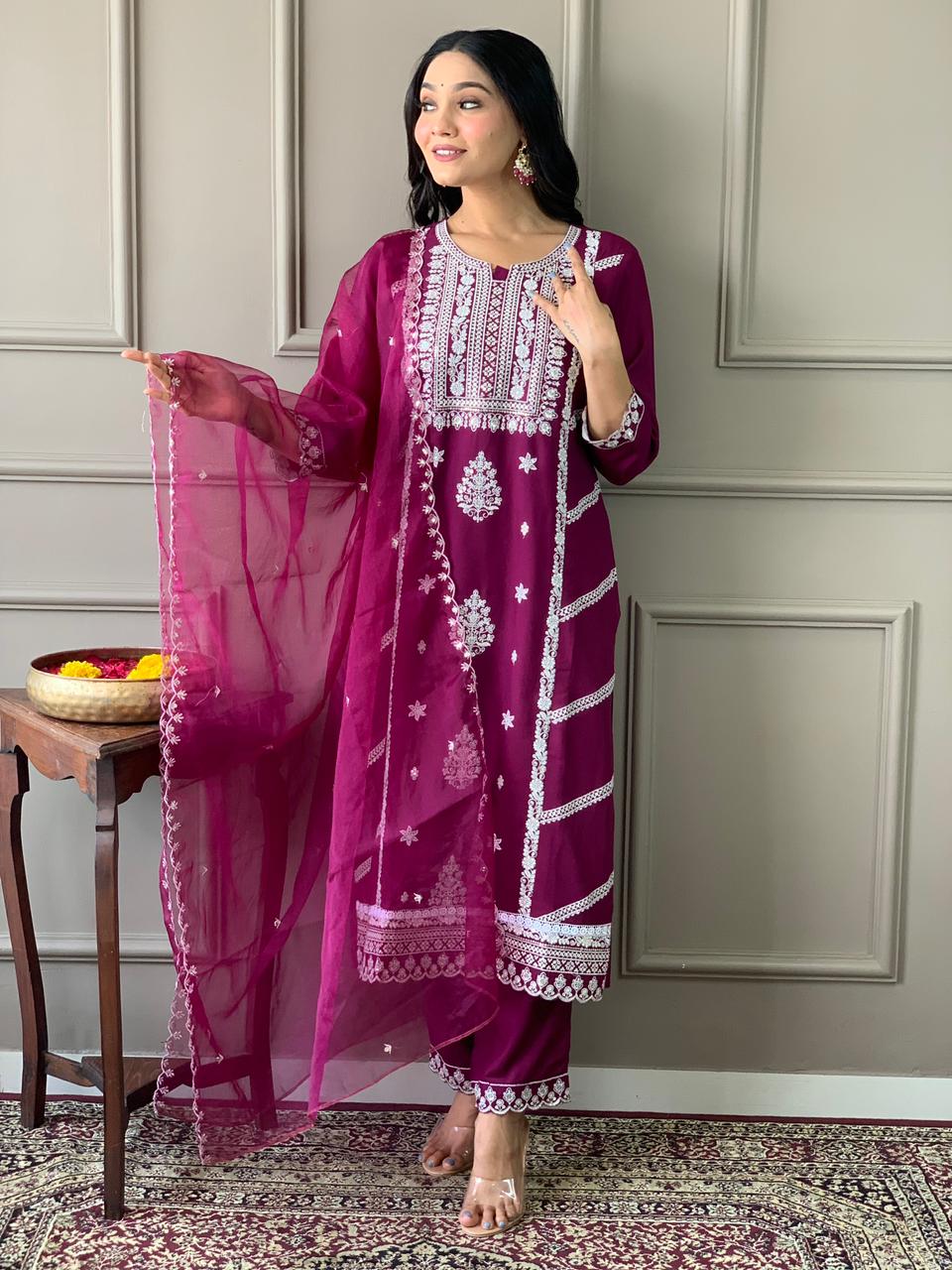 Rayon Embroidery Kurta Set with Organza Dupatta