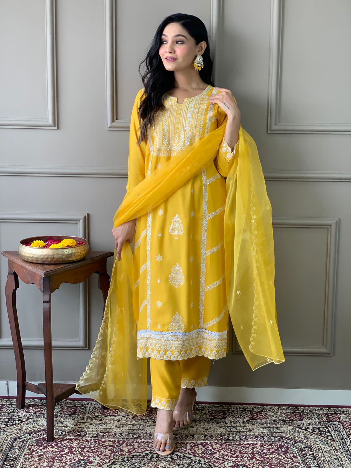Rayon Embroidery Kurta Set with Organza Dupatta