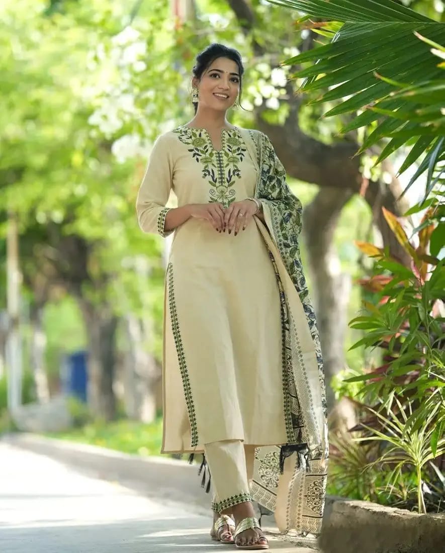 Cotton Embroidered Kurta Set with Silk Dupatta