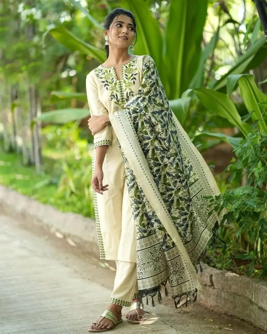 Cotton Embroidered Kurta Set with Silk Dupatta