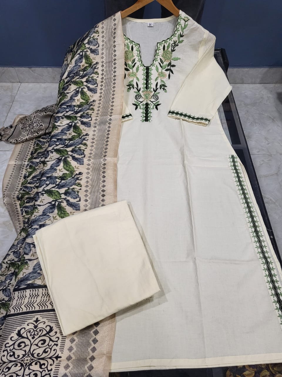 Cotton Embroidered Kurta Set with Silk Dupatta