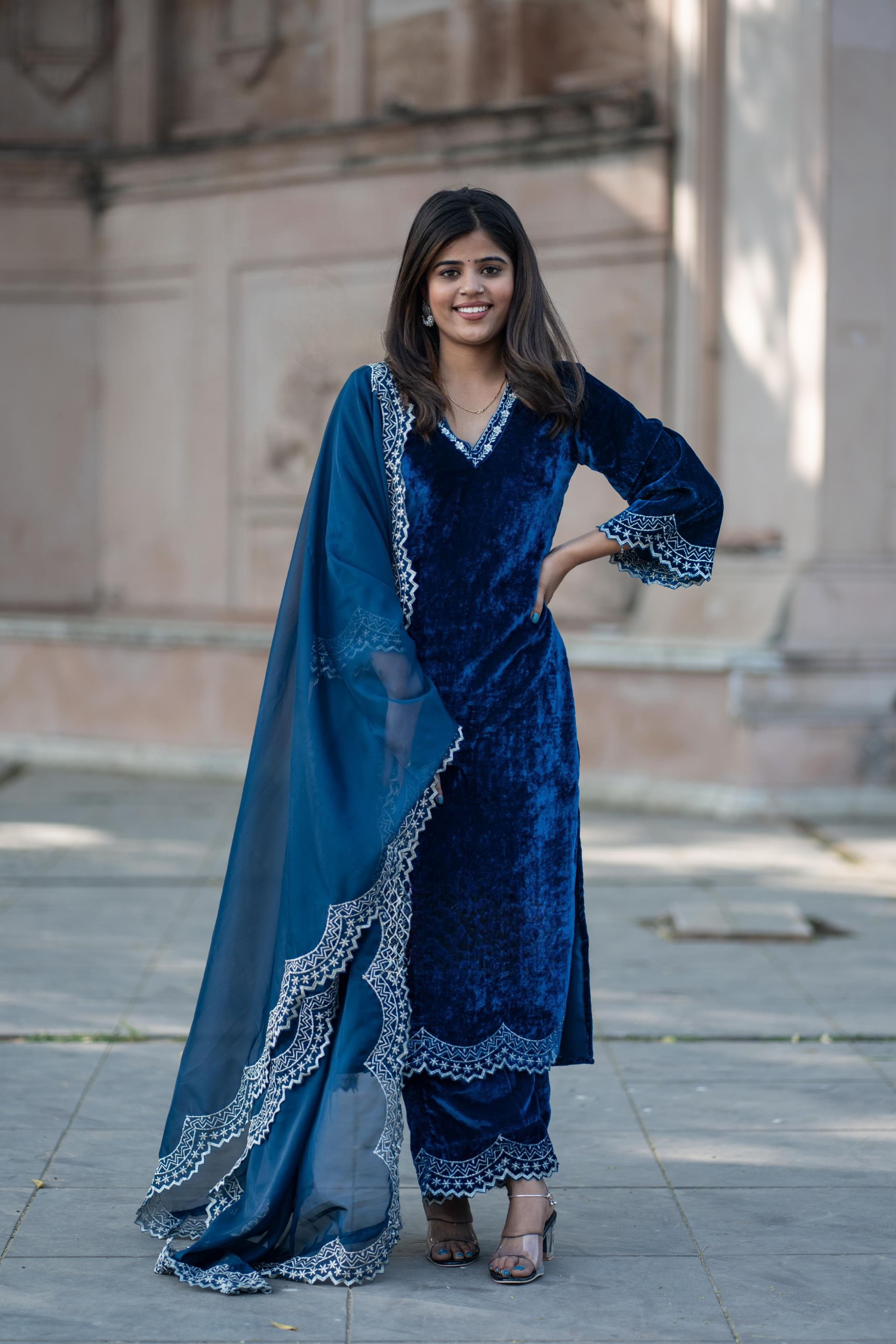 Velvet Suit Set with Zari Embroidery & Organza Silk Dupatta