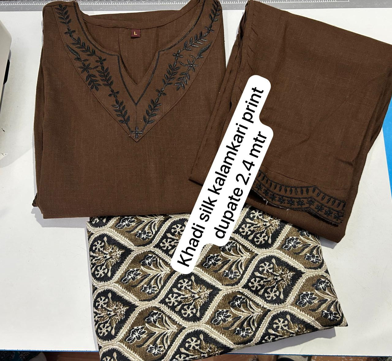 Brown Cotton Suit Set with Embroidery & Digital Print Dupatta