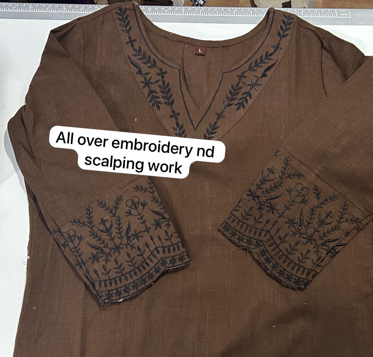 Brown Cotton Suit Set with Embroidery & Digital Print Dupatta