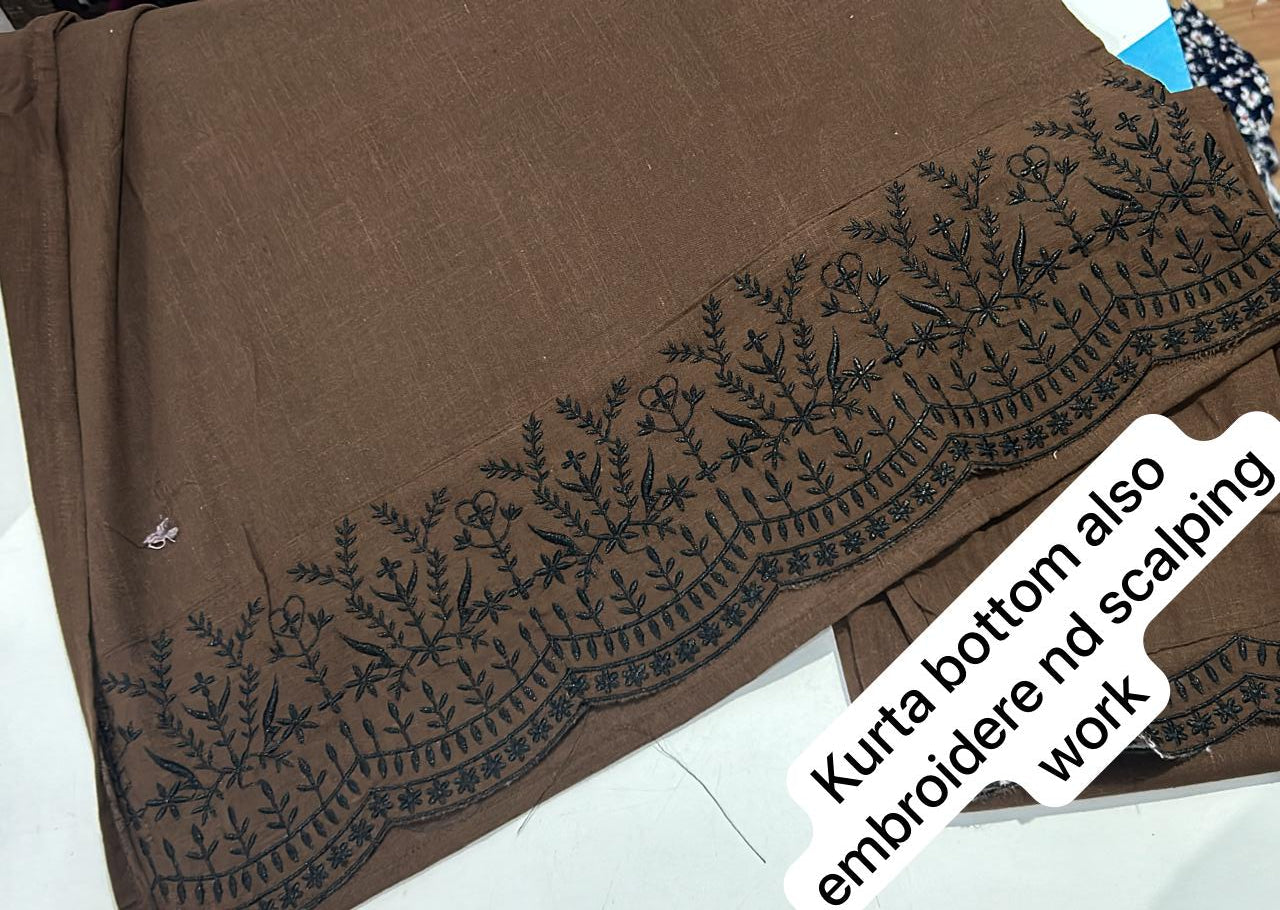 Brown Cotton Suit Set with Embroidery & Digital Print Dupatta