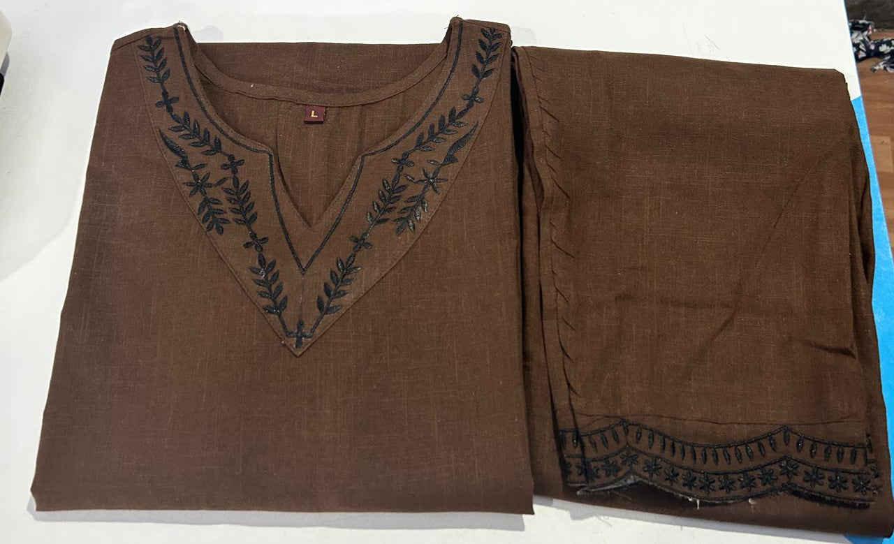 Brown Cotton Suit Set with Embroidery & Digital Print Dupatta