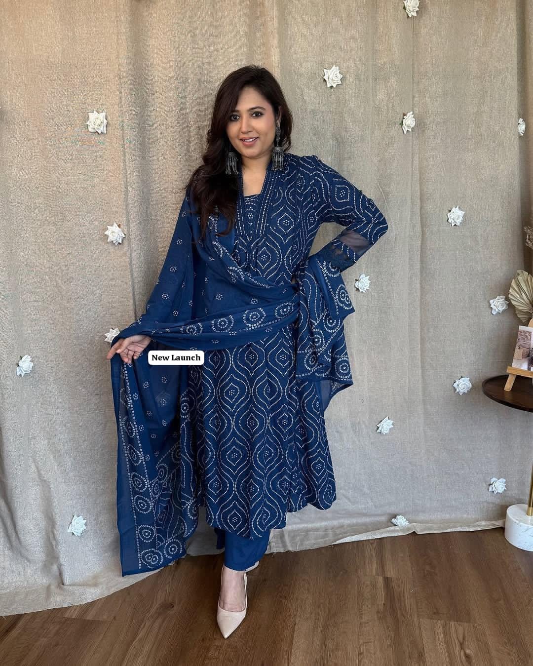 Cotton 60x60 Printed Kurti Set with Embellished Neckline, Cotton Pant, and Malmal Dupatta - Fully Stitched