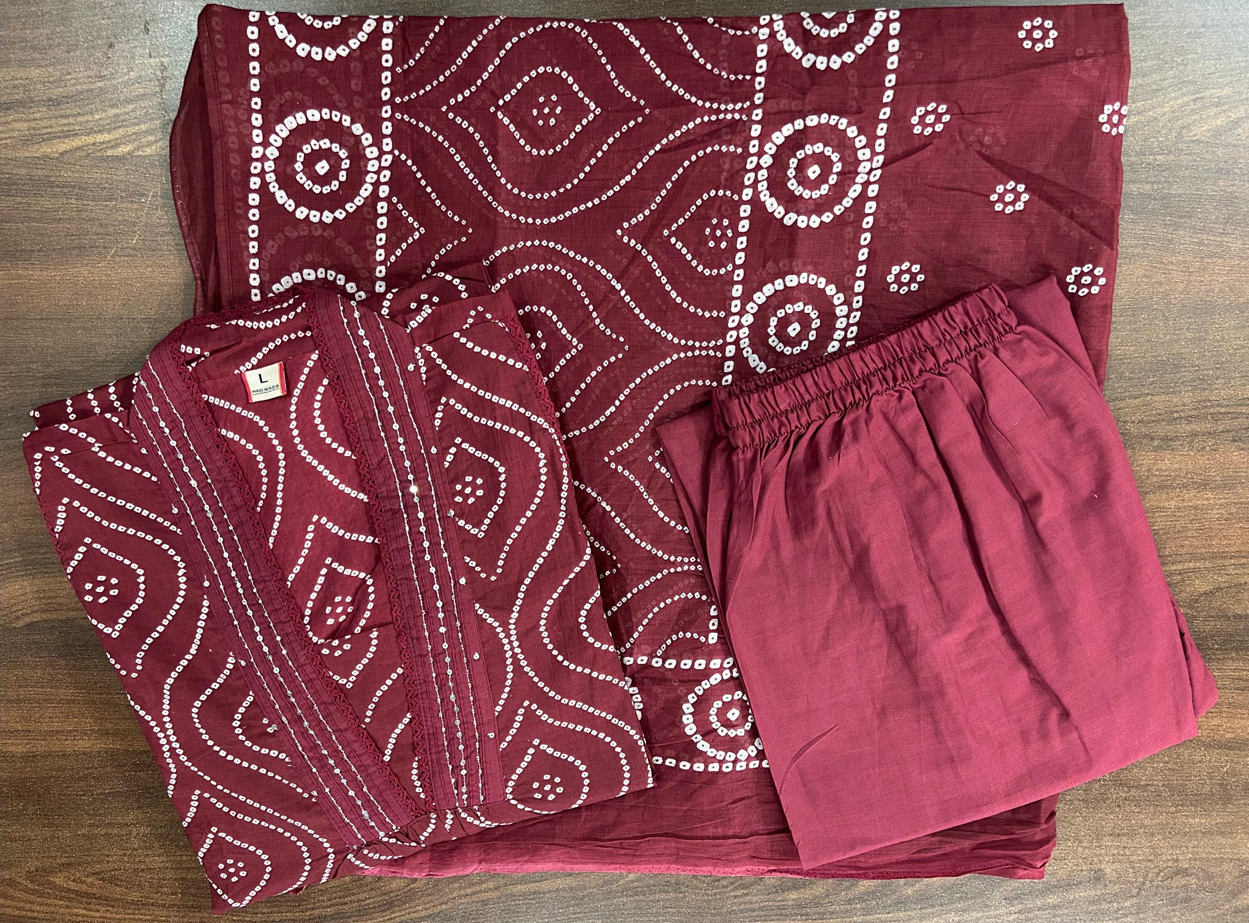 Cotton 60x60 Printed Kurti Set with Embellished Neckline, Cotton Pant, and Malmal Dupatta - Fully Stitched