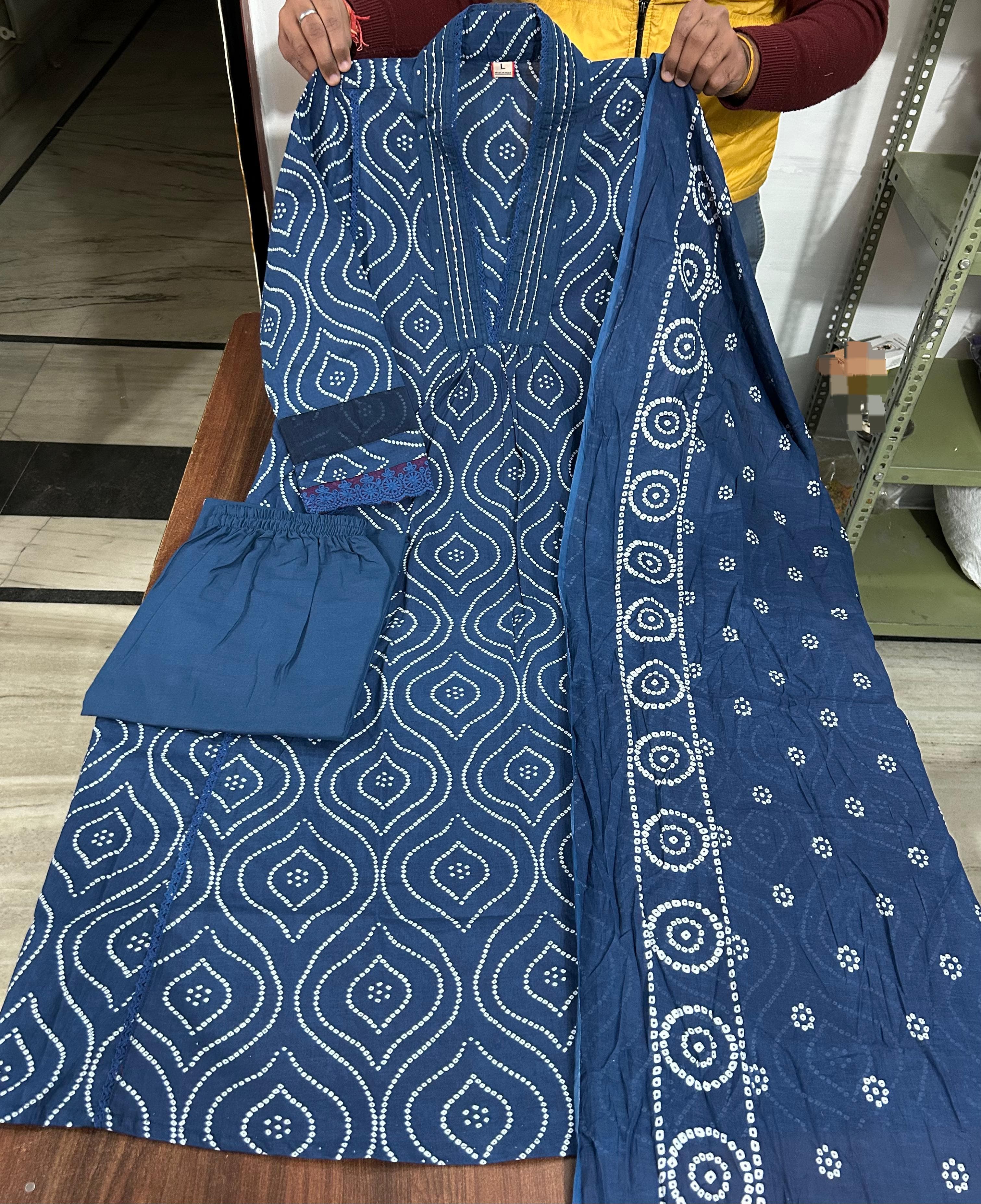 Cotton 60x60 Printed Kurti Set with Embellished Neckline, Cotton Pant, and Malmal Dupatta - Fully Stitched