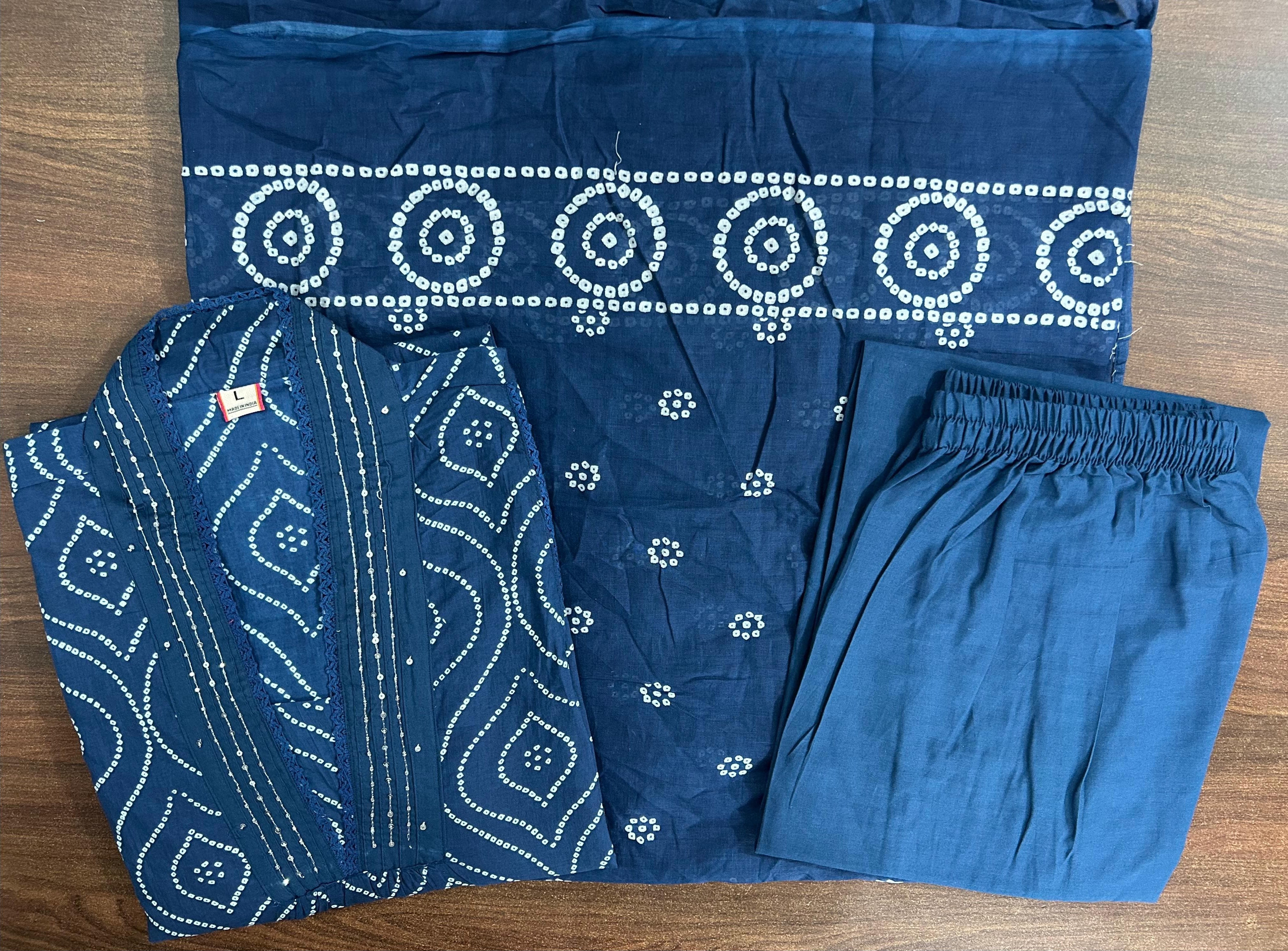 Cotton 60x60 Printed Kurti Set with Embellished Neckline, Cotton Pant, and Malmal Dupatta - Fully Stitched