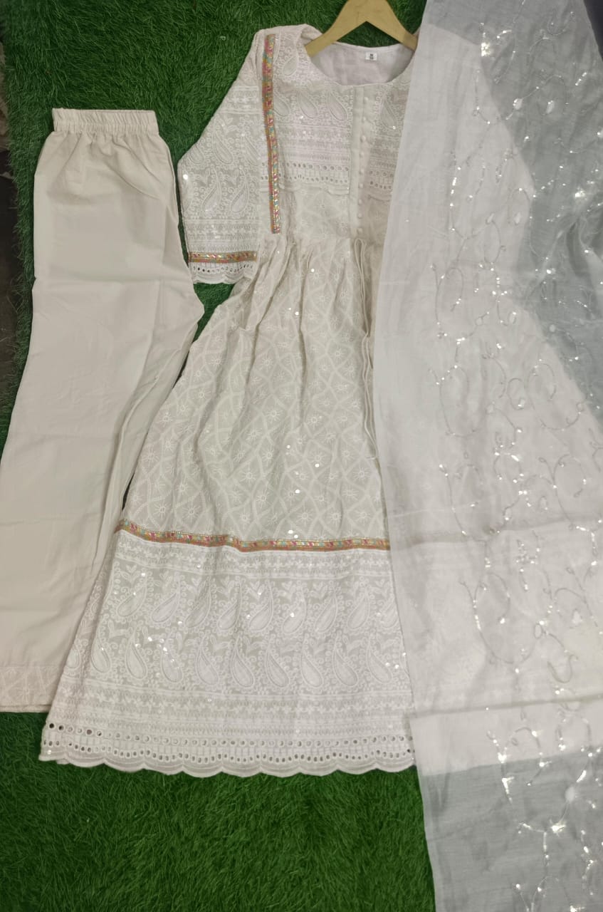 Chikankari Kurti with Pant and Chanderi Dupatta - Embroidered, Tassels, and Sequins Work