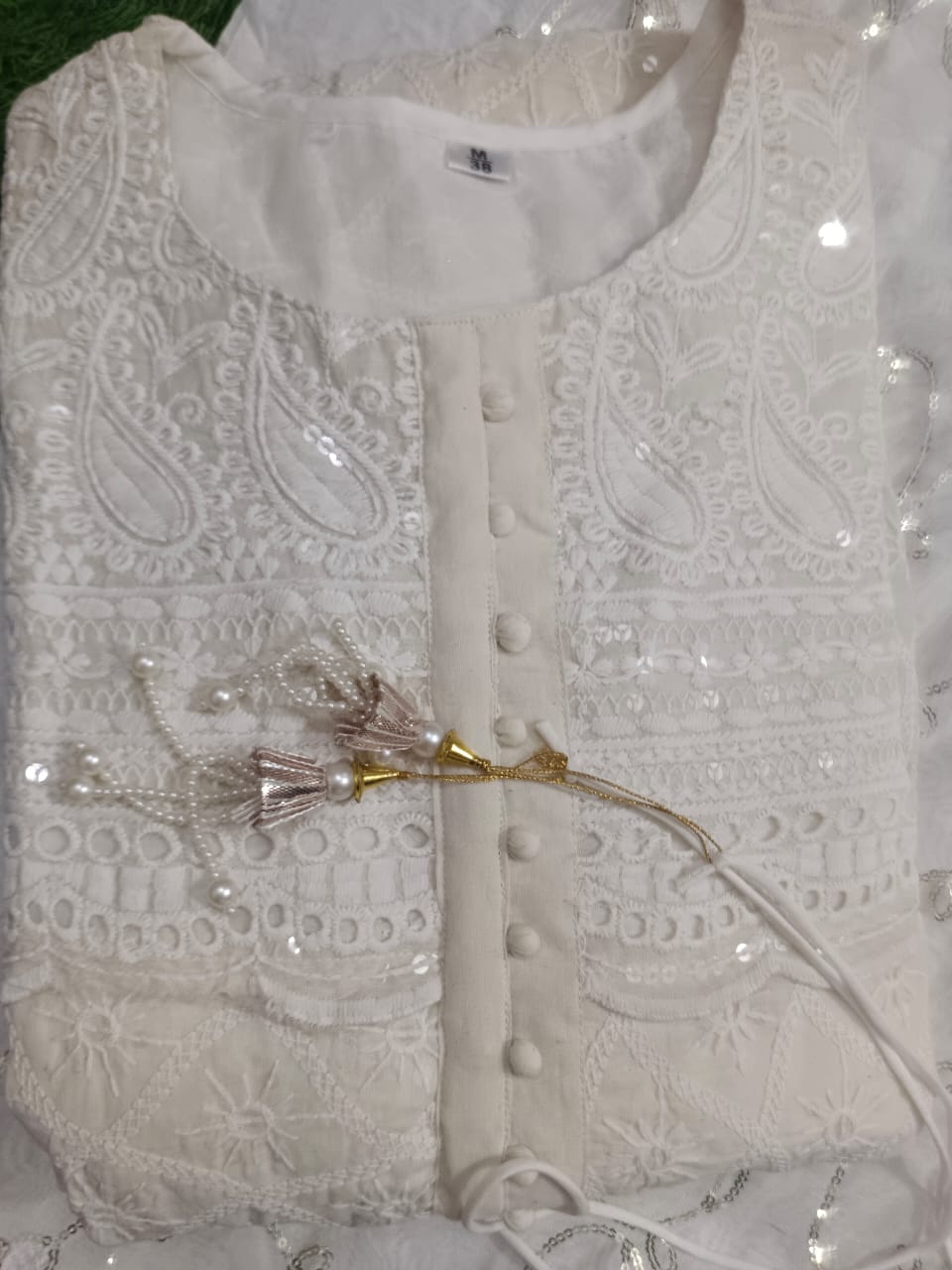 Chikankari Kurti with Pant and Chanderi Dupatta - Embroidered, Tassels, and Sequins Work