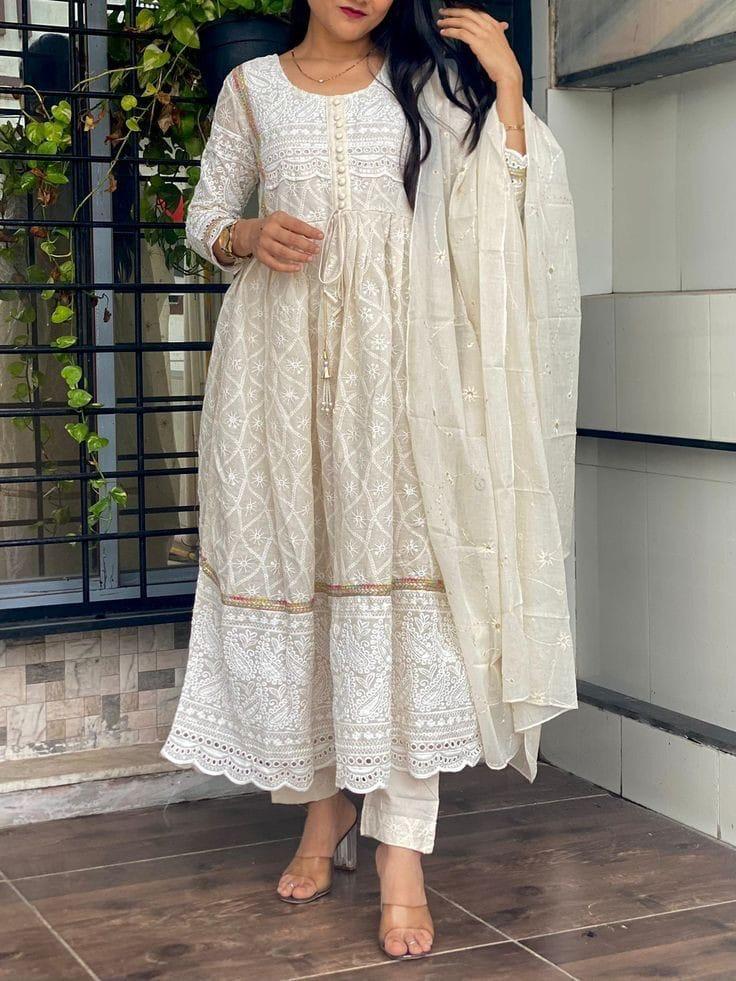 Chikankari Kurti with Pant and Chanderi Dupatta - Embroidered, Tassels, and Sequins Work