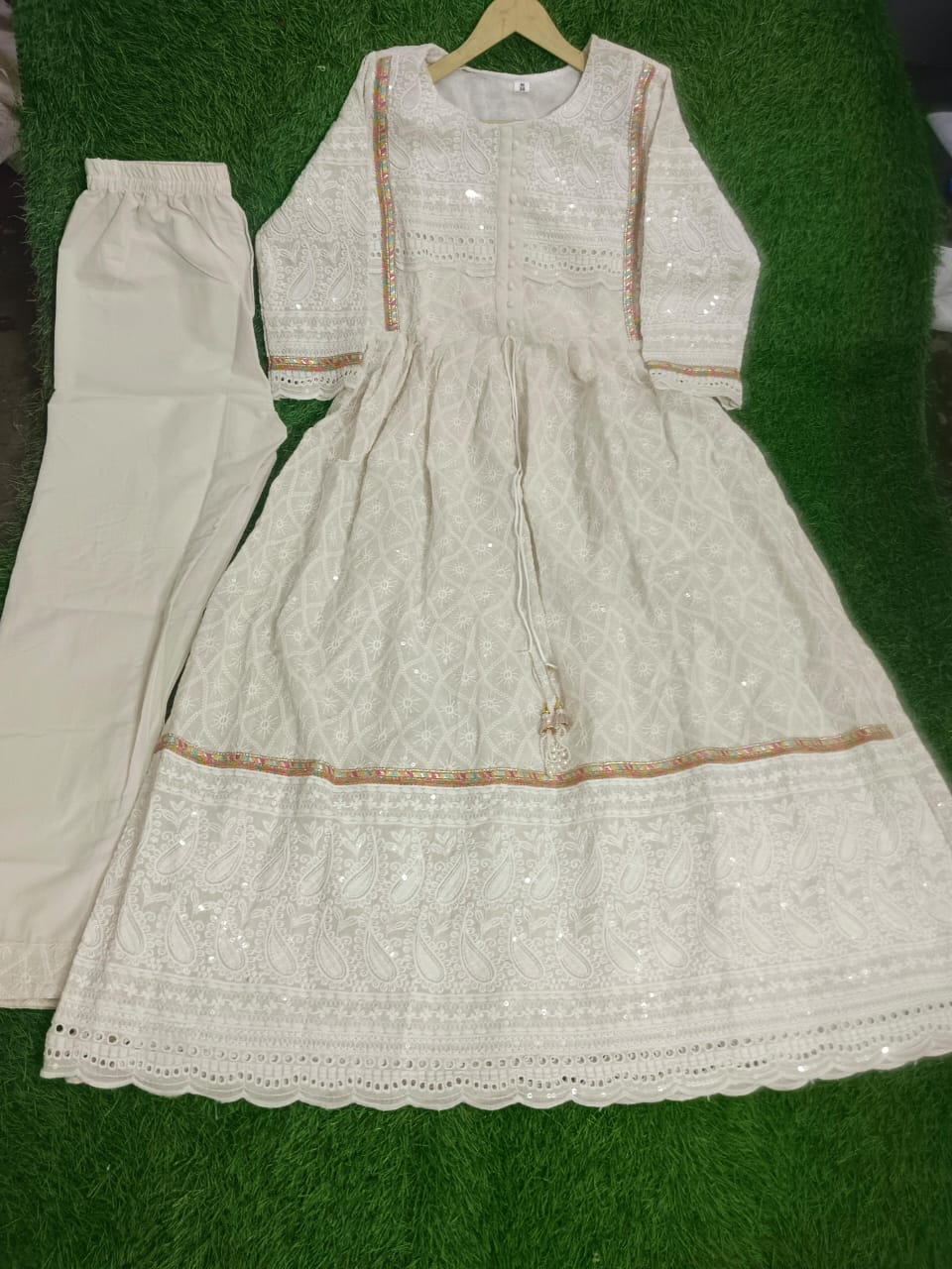 Chikankari Kurti with Pant and Chanderi Dupatta - Embroidered, Tassels, and Sequins Work