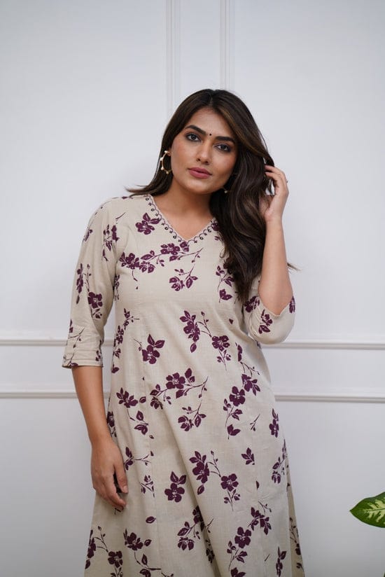 Cotton Printed Kurti with Neck Embroidery & Matching Plazo Set