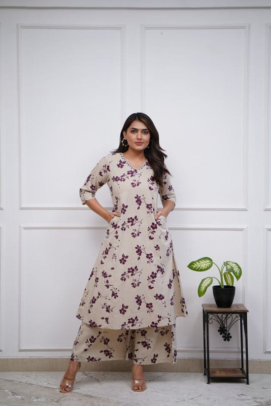Cotton Printed Kurti with Neck Embroidery & Matching Plazo Set
