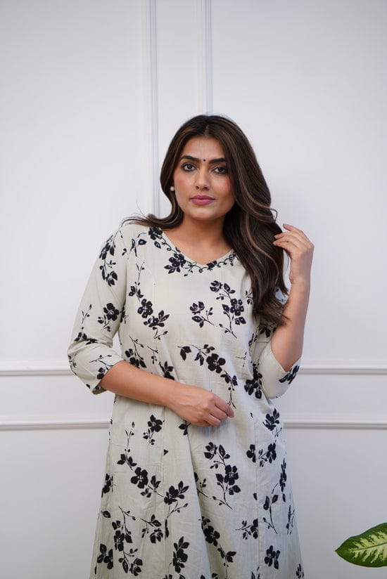 Cotton Printed Kurti with Neck Embroidery & Matching Plazo Set