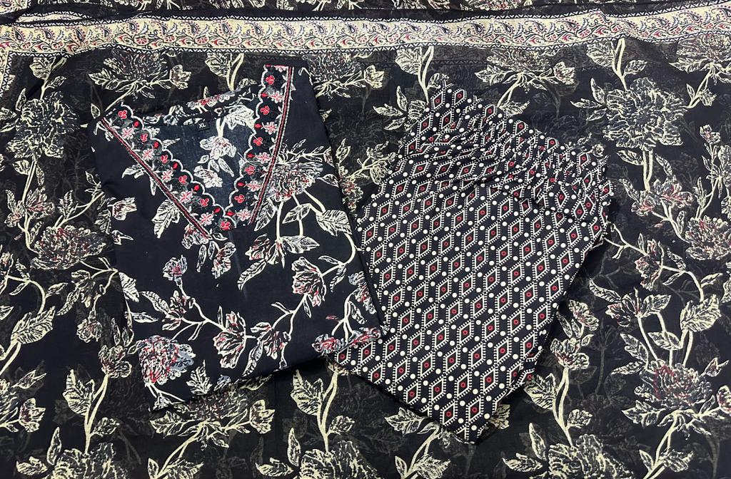 Afghani Cotton Suit Set with Embroidery Work and Printed Dupatta