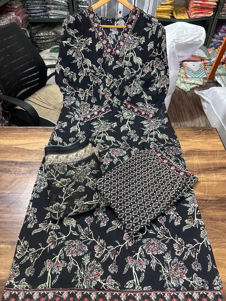 Afghani Cotton Suit Set with Embroidery Work and Printed Dupatta