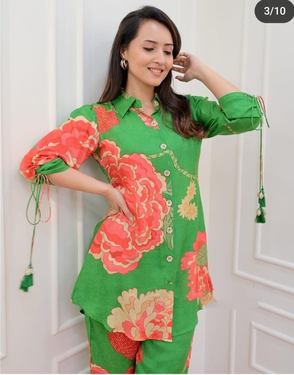 Muslin Digital Print Co-Ord Set – Shirt Collar Top with Dori Pattern Sleeves & Matching Pant