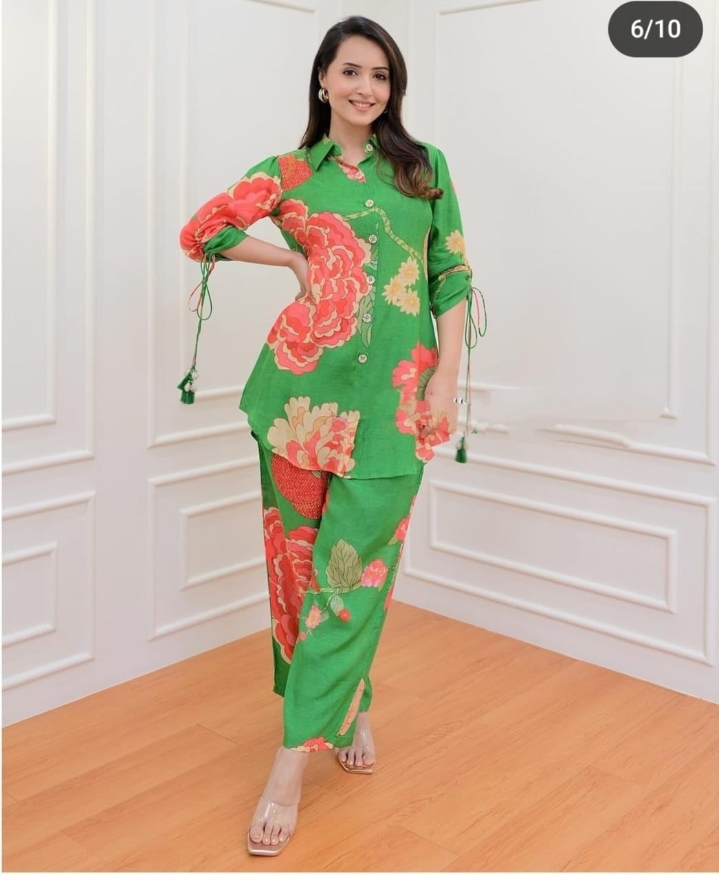 Muslin Digital Print Co-Ord Set – Shirt Collar Top with Dori Pattern Sleeves & Matching Pant
