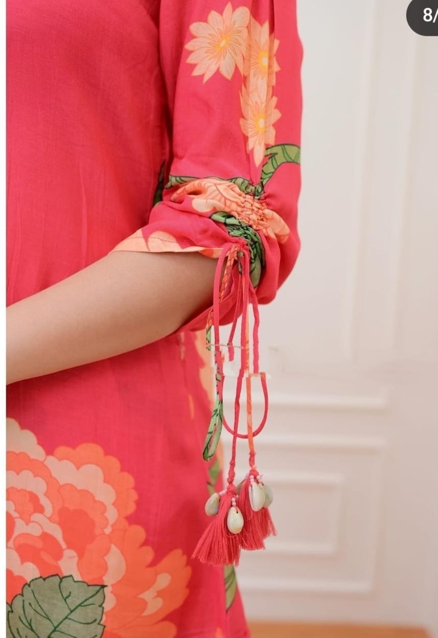 Muslin Digital Print Co-Ord Set – Shirt Collar Top with Dori Pattern Sleeves & Matching Pant