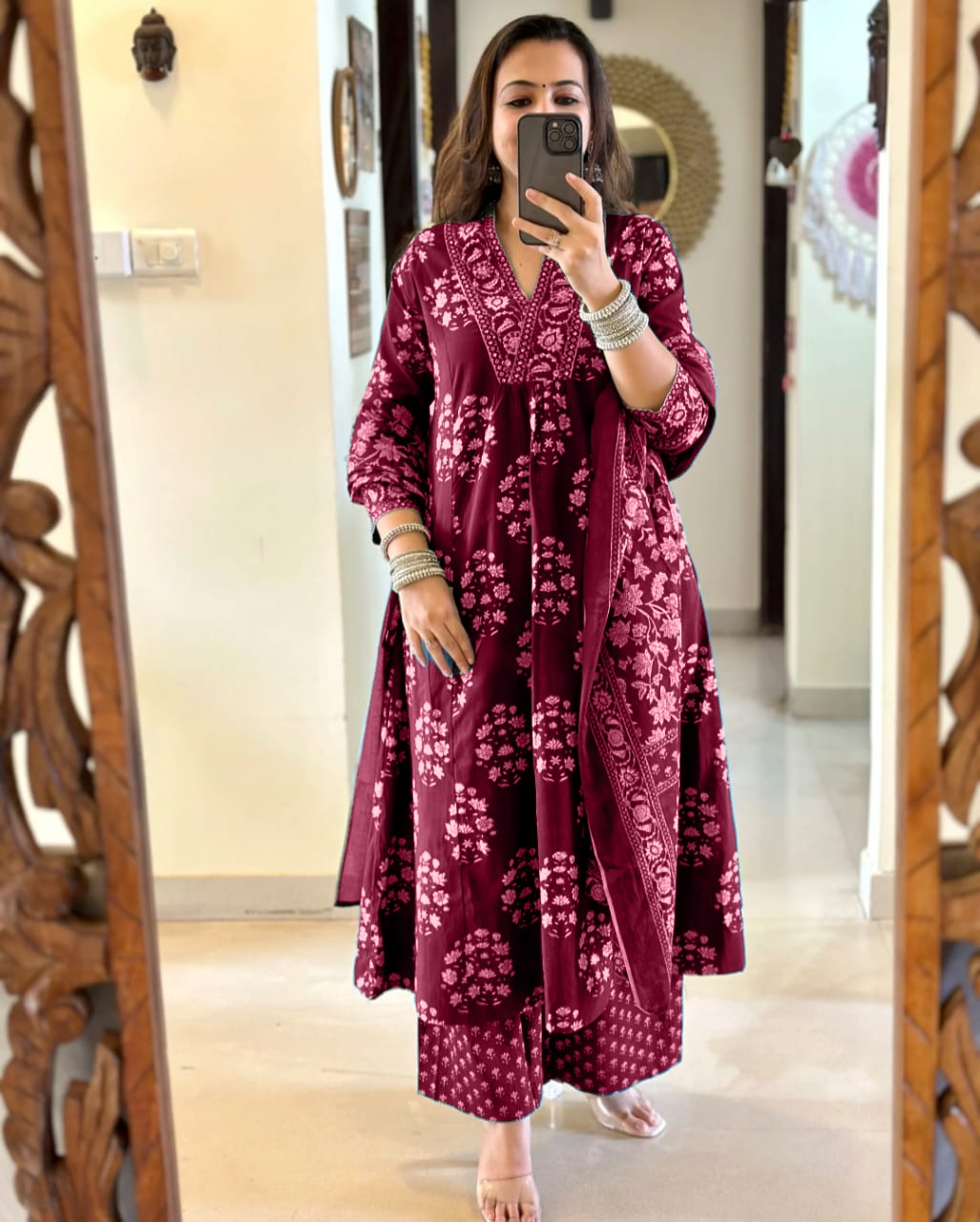 Wine Cotton Print Work Anarkali Kurti Pant Set with Malmal Dupatta