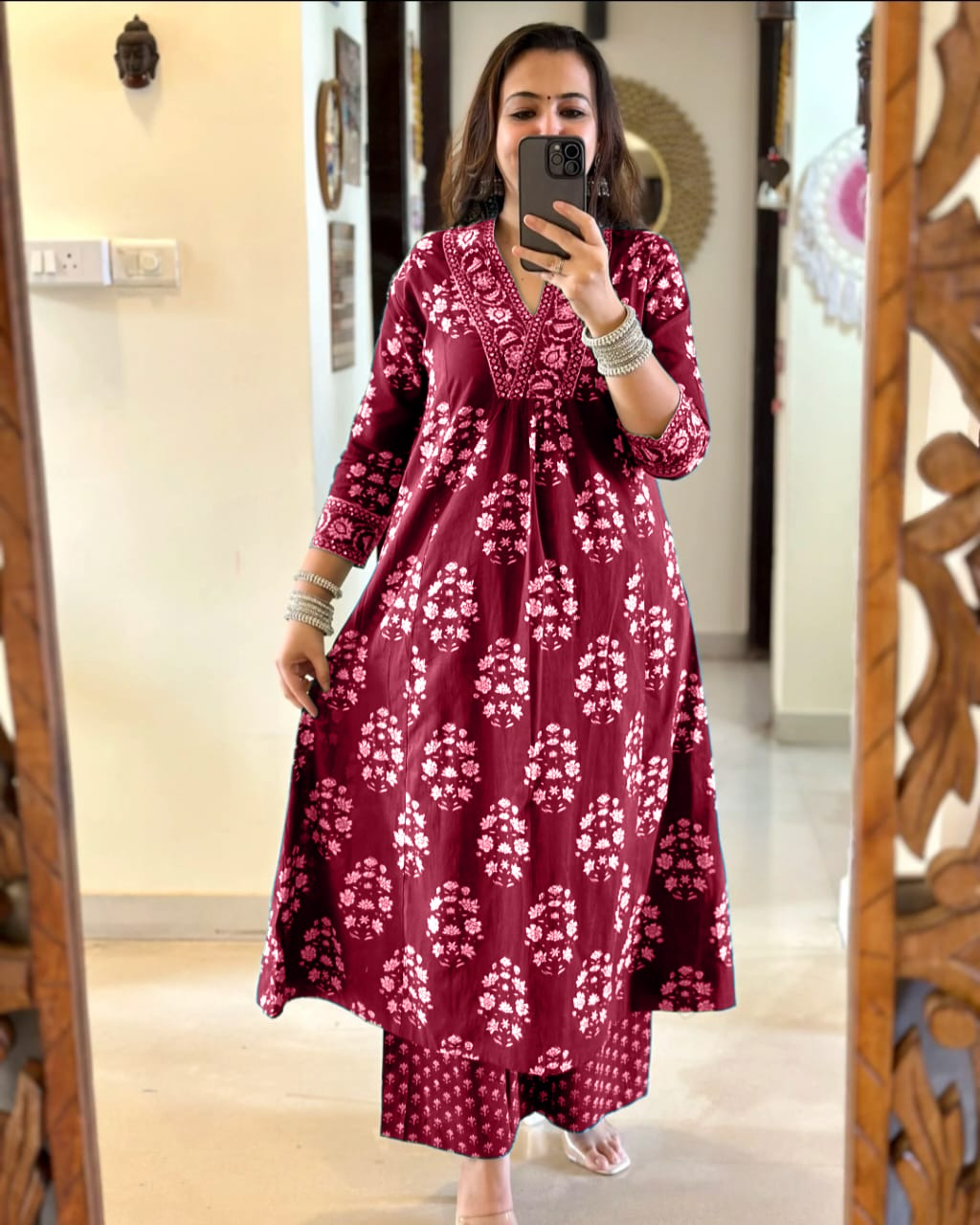 Wine Cotton Print Work Anarkali Kurti Pant Set with Malmal Dupatta