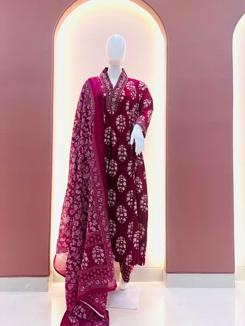 Wine Cotton Print Work Anarkali Kurti Pant Set with Malmal Dupatta