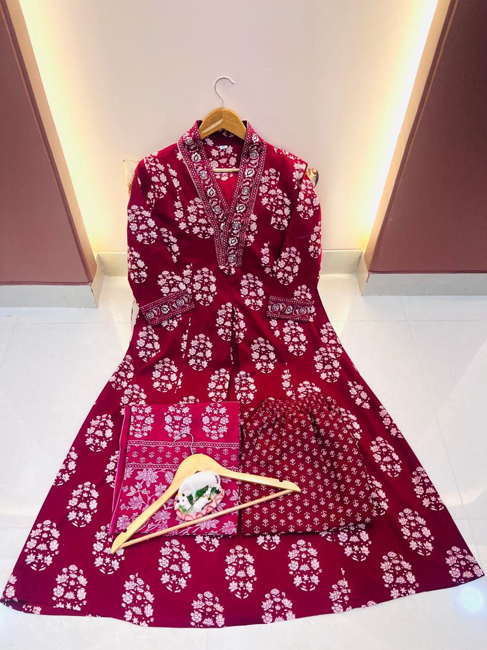 Wine Cotton Print Work Anarkali Kurti Pant Set with Malmal Dupatta