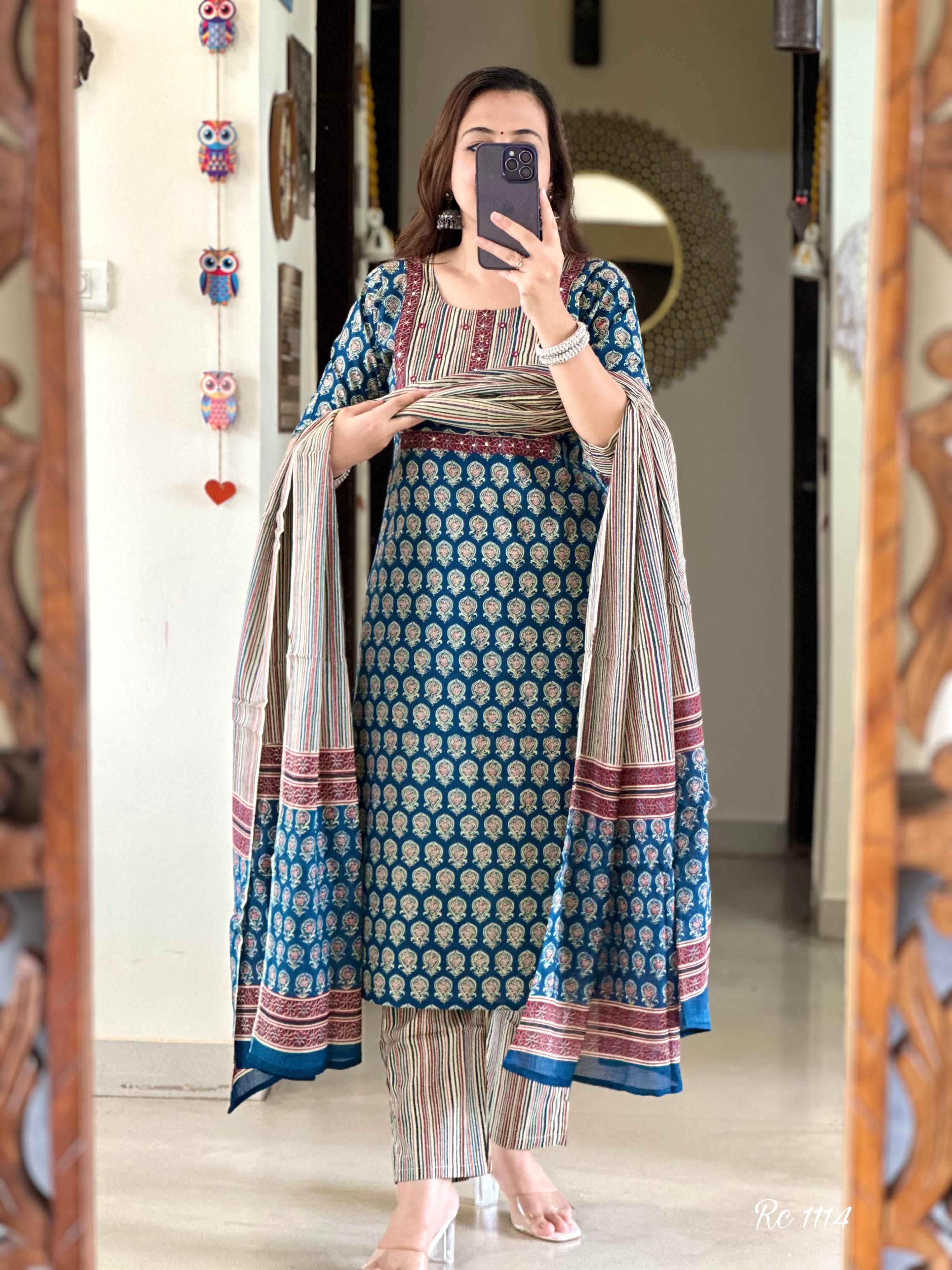Cotton Kurti Set with Pant & Dupatta | Mirror Work | Fully Stitched
