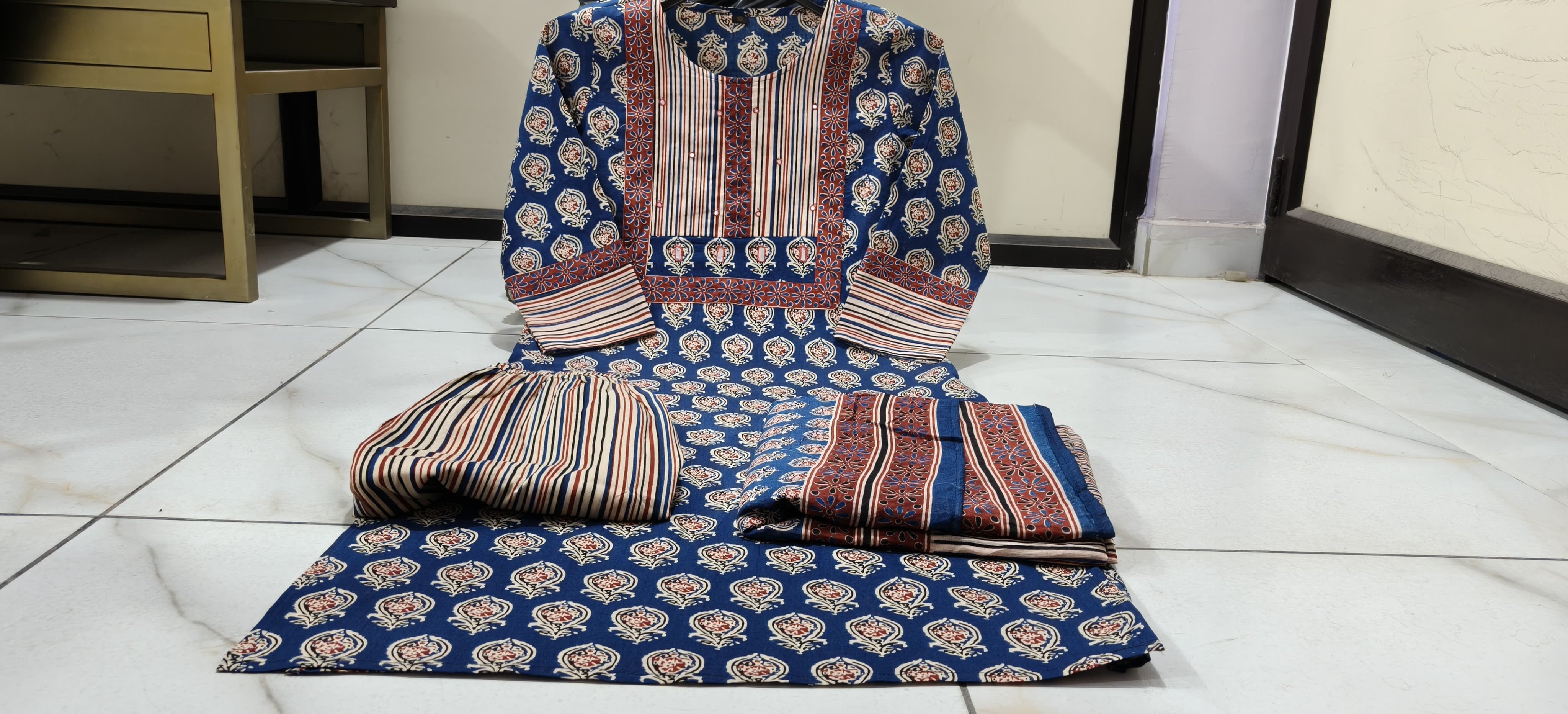 Cotton Kurti Set with Pant & Dupatta | Mirror Work | Fully Stitched