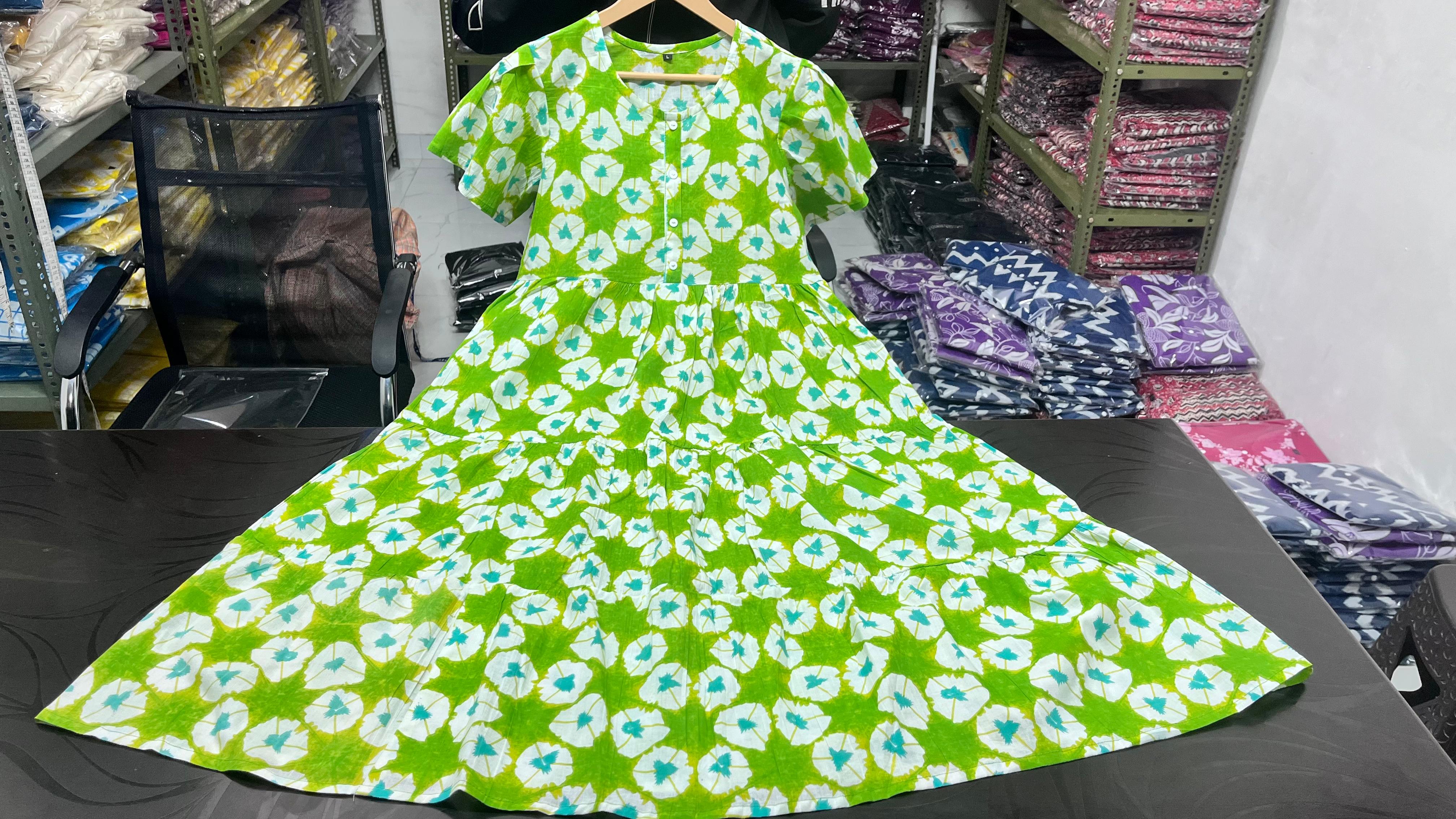 Green Ikat Print Cotton Flair Middy Gown – Floral Procin Design