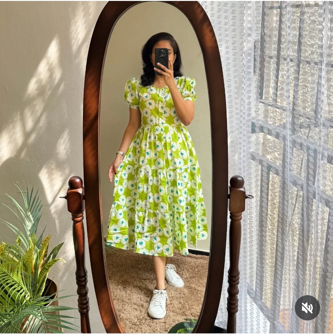 Green Ikat Print Cotton Flair Middy Gown – Floral Procin Design