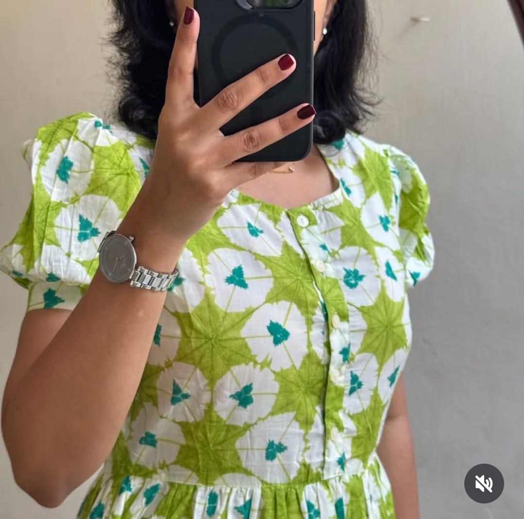 Green Ikat Print Cotton Flair Middy Gown – Floral Procin Design