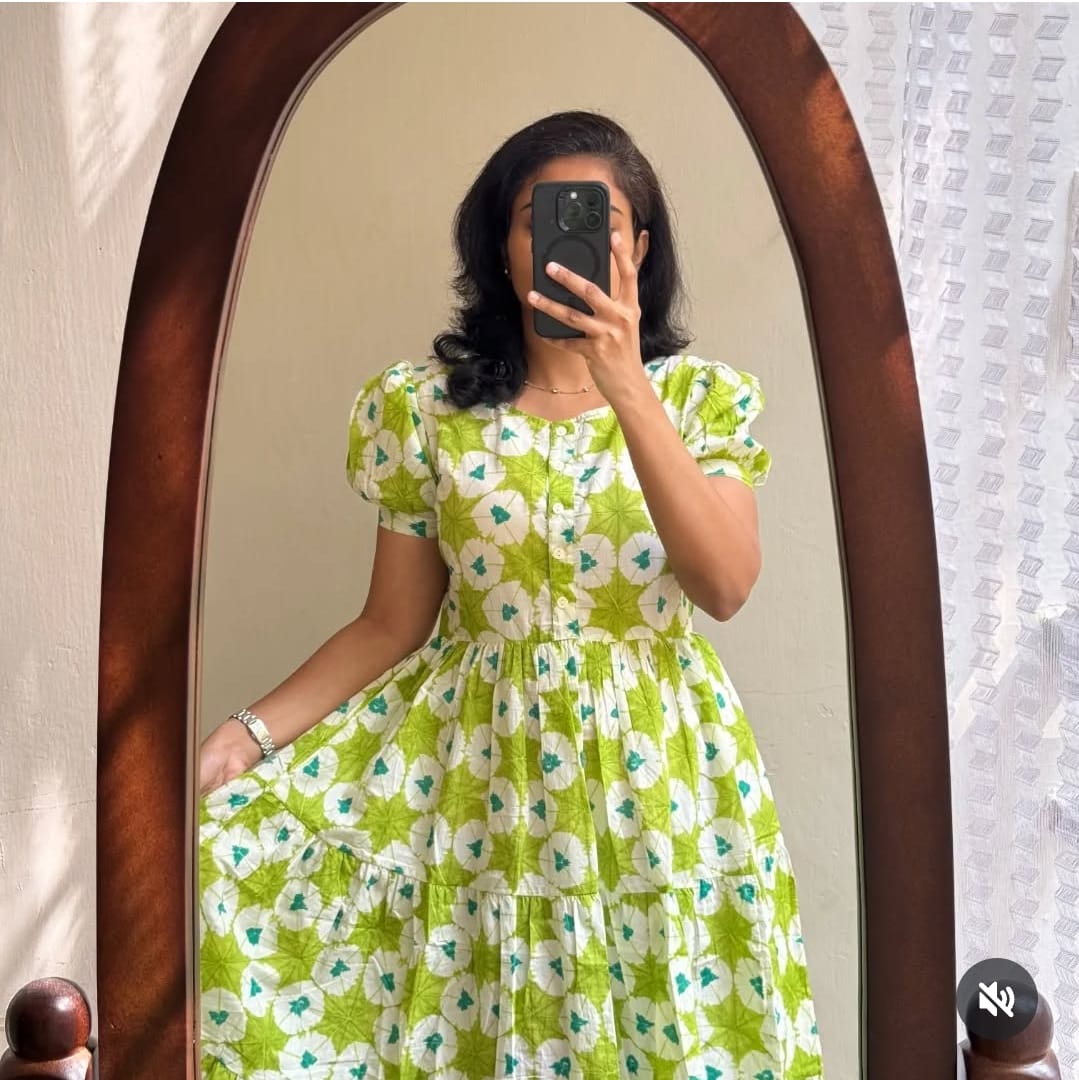 Green Ikat Print Cotton Flair Middy Gown – Floral Procin Design