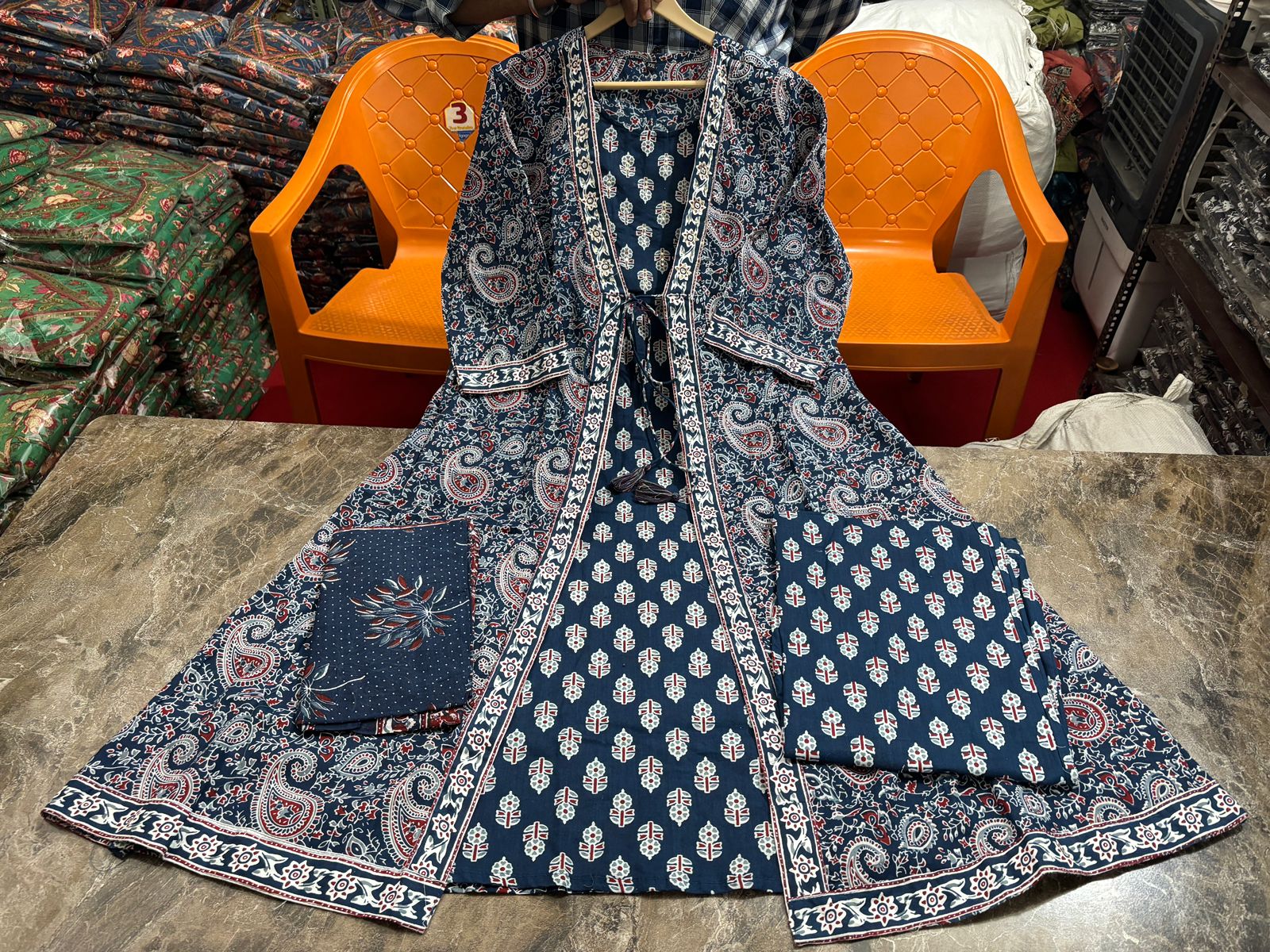 Women's Anarkali Kurta Set with Printed Cotton Fabric & Tassel Detail – 3-Piece Suit