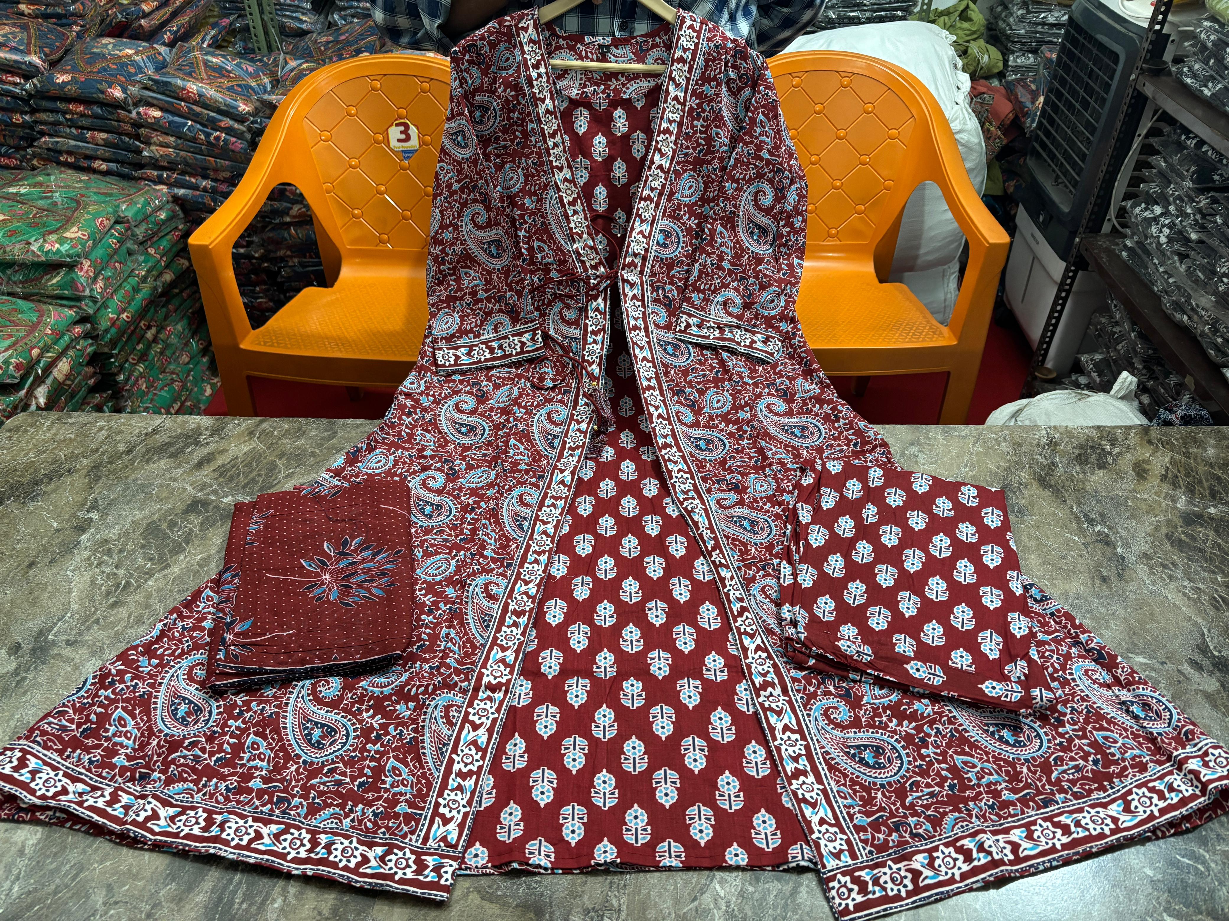 Women's Anarkali Kurta Set with Printed Cotton Fabric & Tassel Detail – 3-Piece Suit