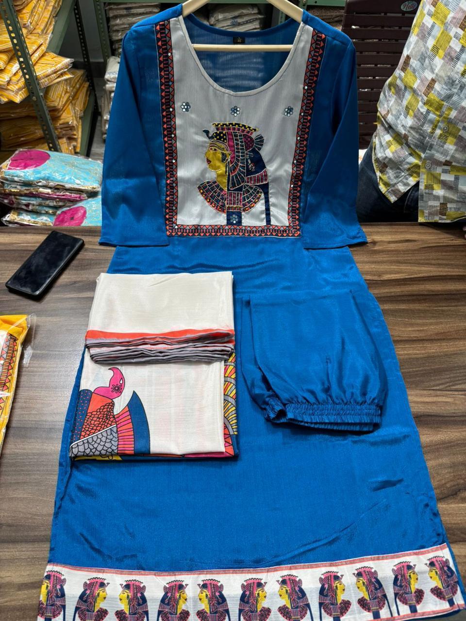 Chinon & Egyptian Print Silk Three-Piece Suit – Kurta, Pant & Dupatta