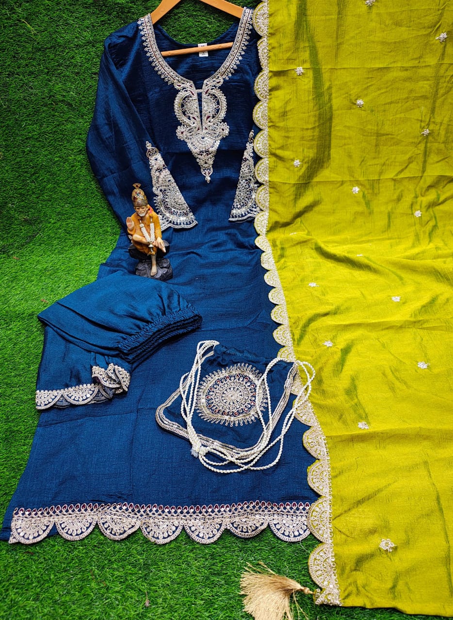 Vichitra Silk Kurti Set with Potli – Embroidered & Lined