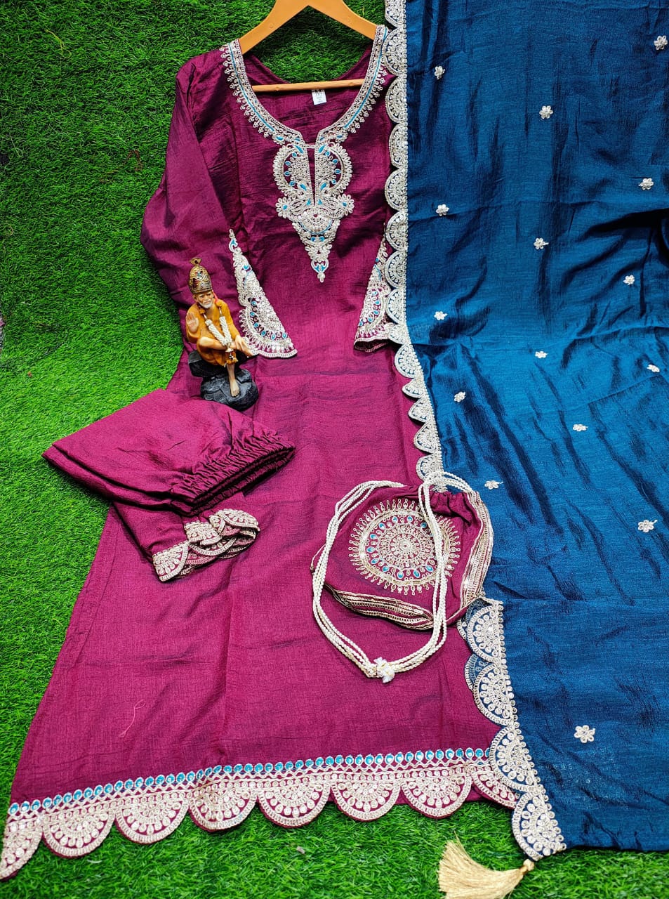 Vichitra Silk Kurti Set with Potli – Embroidered & Lined