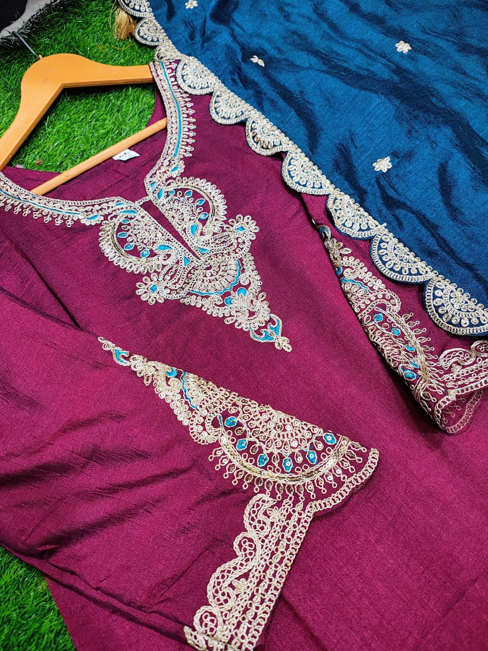 Vichitra Silk Kurti Set with Potli – Embroidered & Lined