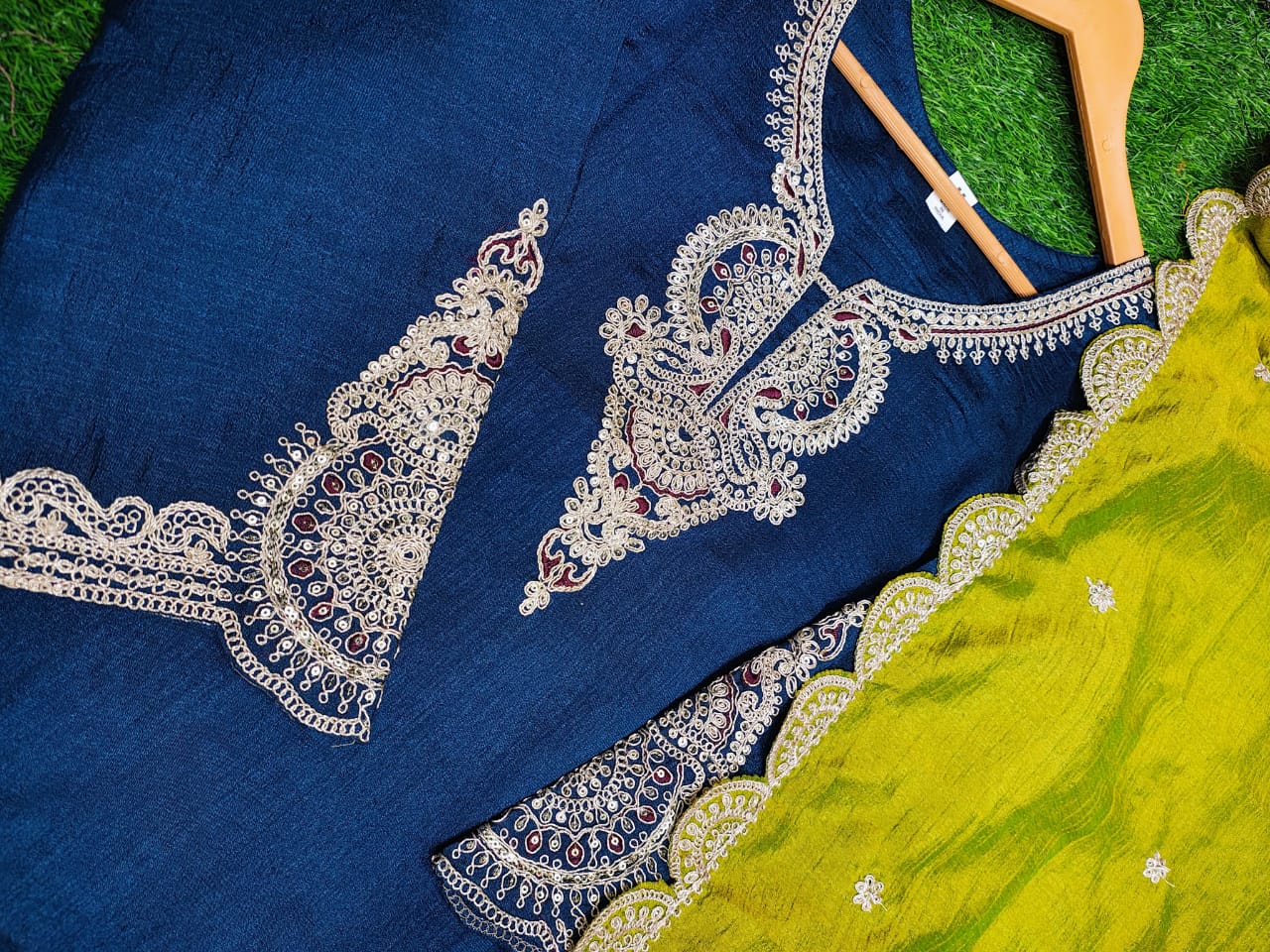 Vichitra Silk Kurti Set with Potli – Embroidered & Lined