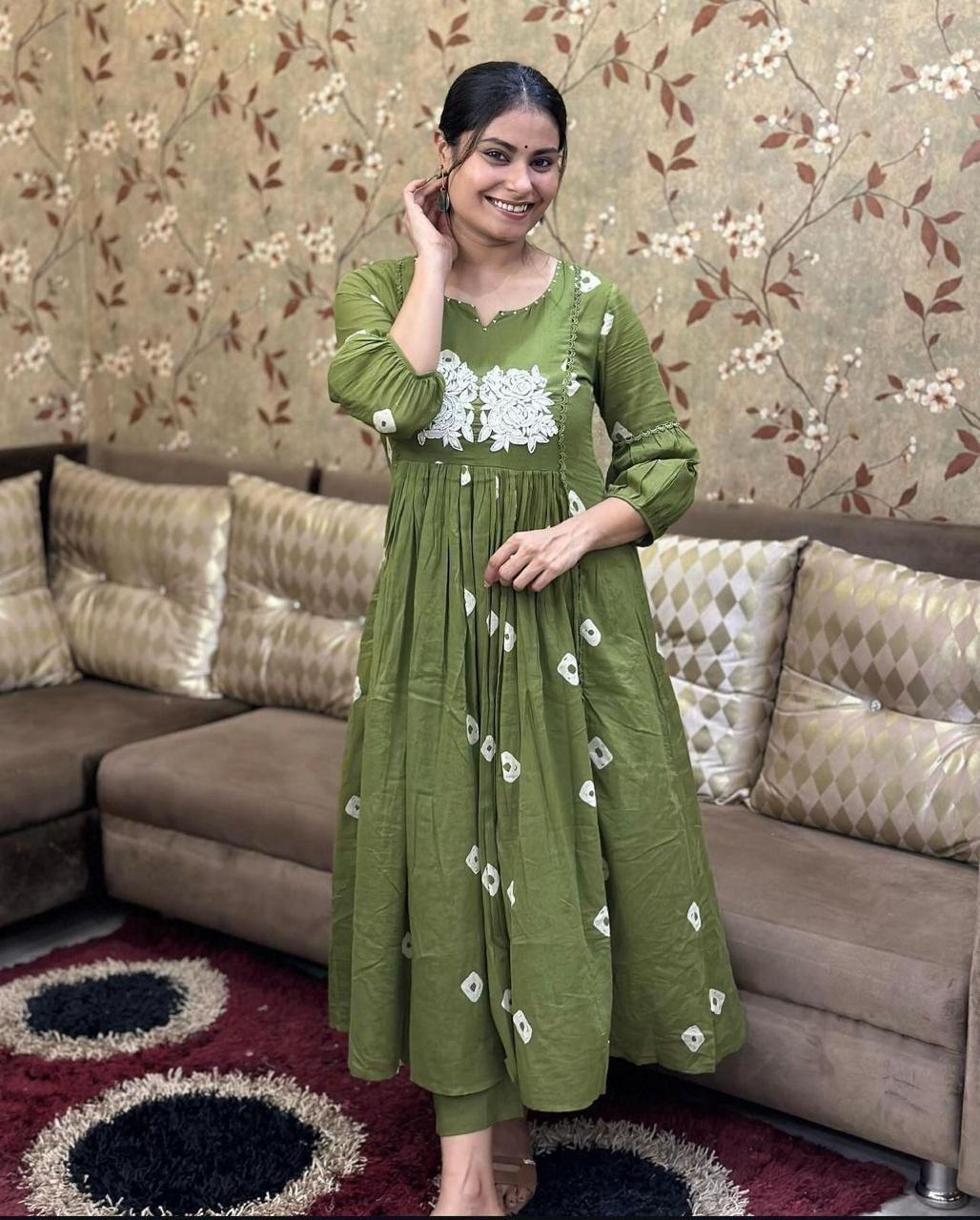 Bandage Discharge Print Cotton Kurta Pant Set with Adda & Embroidered Lace Work