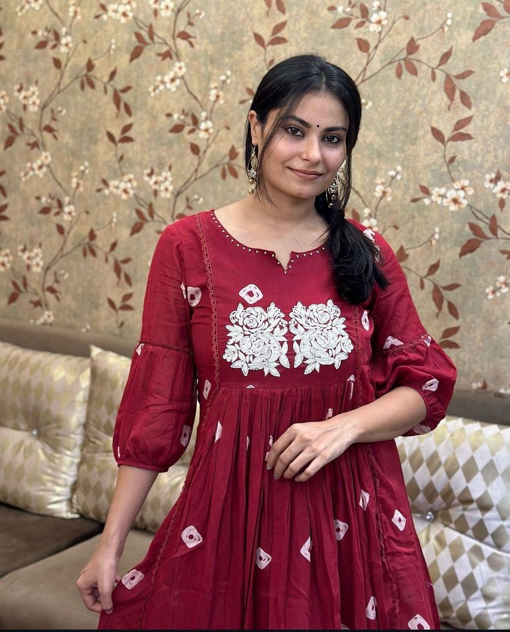 Bandage Discharge Print Cotton Kurta Pant Set with Adda & Embroidered Lace Work