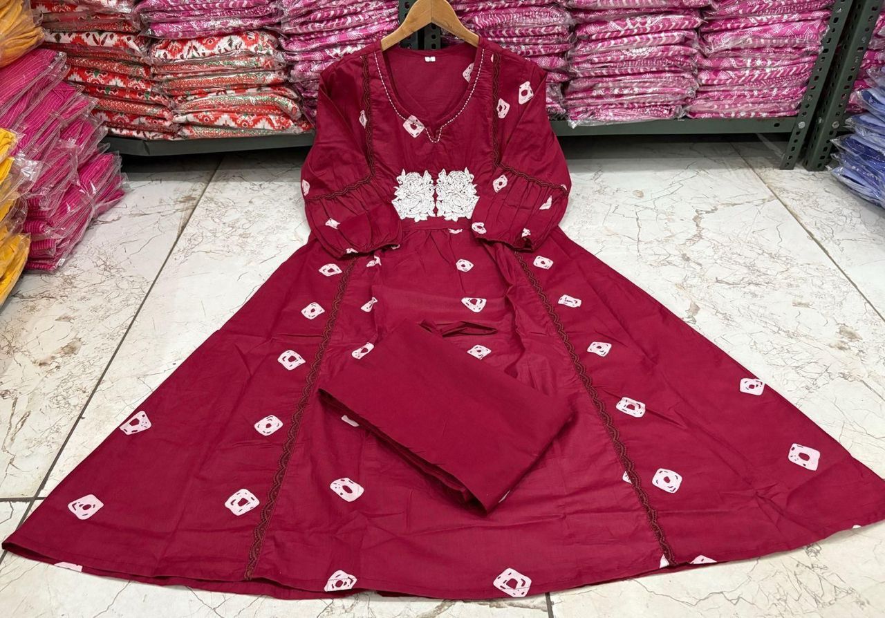 Bandage Discharge Print Cotton Kurta Pant Set with Adda & Embroidered Lace Work